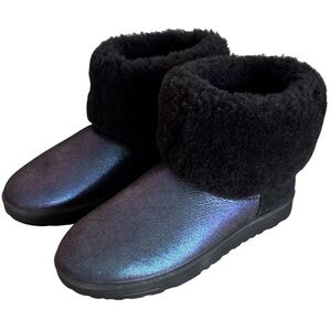 Abeo Brantford Metallic Sheepskin Shearling Boots Womens Size 7 Blue NWOB